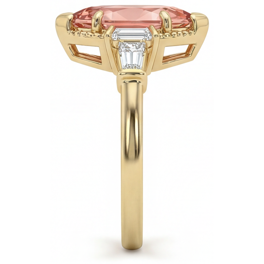 Pfirsichfarbener Saphir Verlobungsring 4,1 Karat im Labor gezüchteter Marquise Padparadscha und weiße Baguettes Drei-Stein Kathedrale 14 Karat Gelbgold