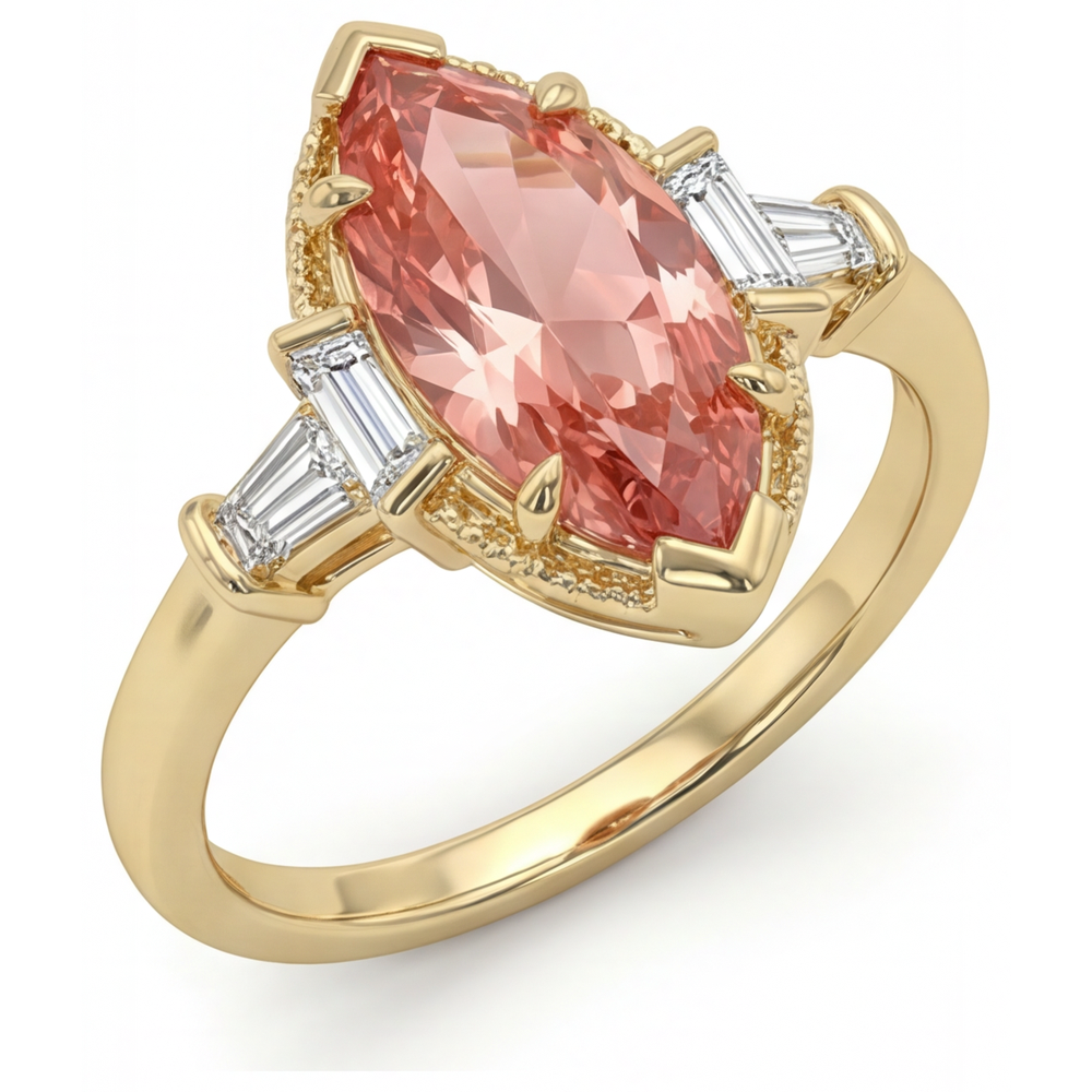 Pfirsichfarbener Saphir Verlobungsring 4,1 Karat im Labor gezüchteter Marquise Padparadscha und weiße Baguettes Drei-Stein Kathedrale 14 Karat Gelbgold