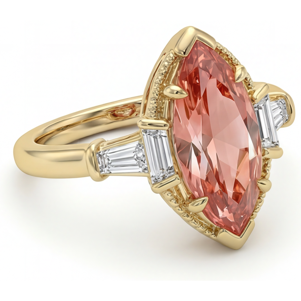 Pfirsichfarbener Saphir Verlobungsring 4,1 Karat im Labor gezüchteter Marquise Padparadscha und weiße Baguettes Drei-Stein Kathedrale 14 Karat Gelbgold