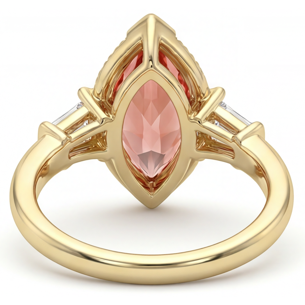 Pfirsichfarbener Saphir Verlobungsring 4,1 Karat im Labor gezüchteter Marquise Padparadscha und weiße Baguettes Drei-Stein Kathedrale 14 Karat Gelbgold
