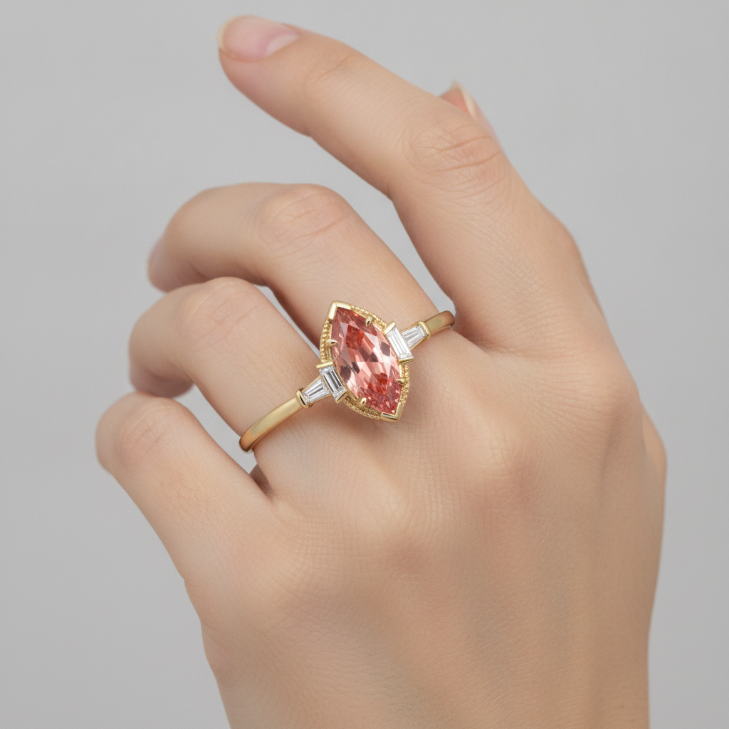 Pfirsichfarbener Saphir Verlobungsring 4,1 Karat im Labor gezüchteter Marquise Padparadscha und weiße Baguettes Drei-Stein Kathedrale 14 Karat Gelbgold