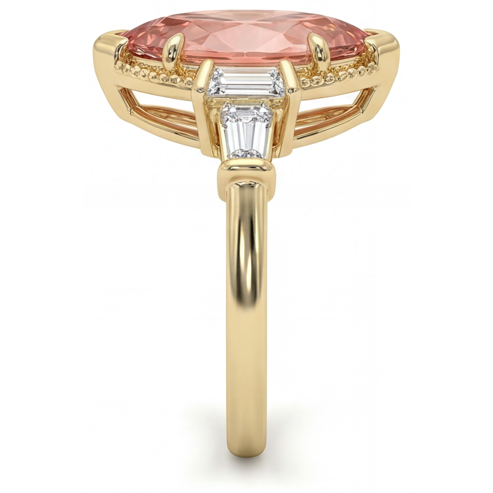 Padparadscha-Saphir-Ring, 4,1 Karat, im Labor gezüchtet, Marquise- und weiße Baguette-Steine, Dreistein, schlicht, 14 Karat Gelbgold
