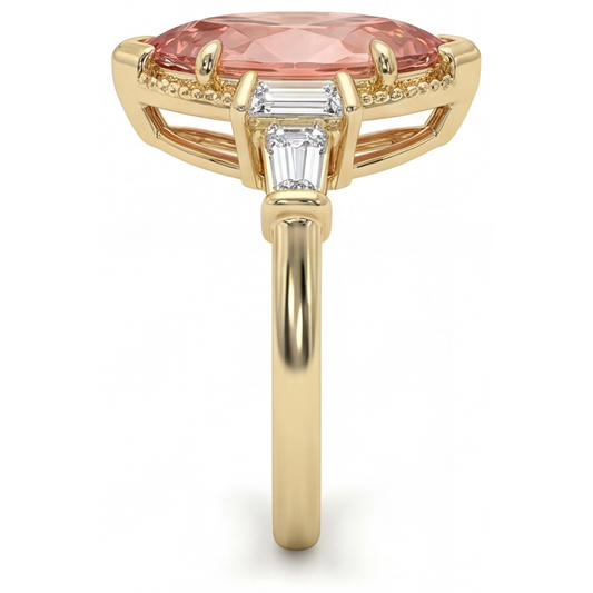 Padparadscha-Saphir-Ring, 4,1 Karat, im Labor gezüchtet, Marquise und weiße Baguette-Steine, Dreistein, schlicht, 14 Karat Gelbgold