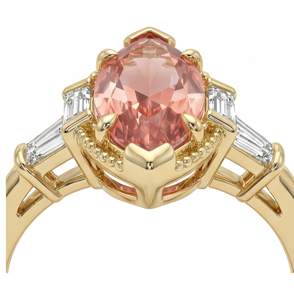 Padparadscha-Saphir-Ring, 4,1 Karat, im Labor gezüchtet, Marquise- und weiße Baguette-Steine, Dreistein, schlicht, 14 Karat Gelbgold