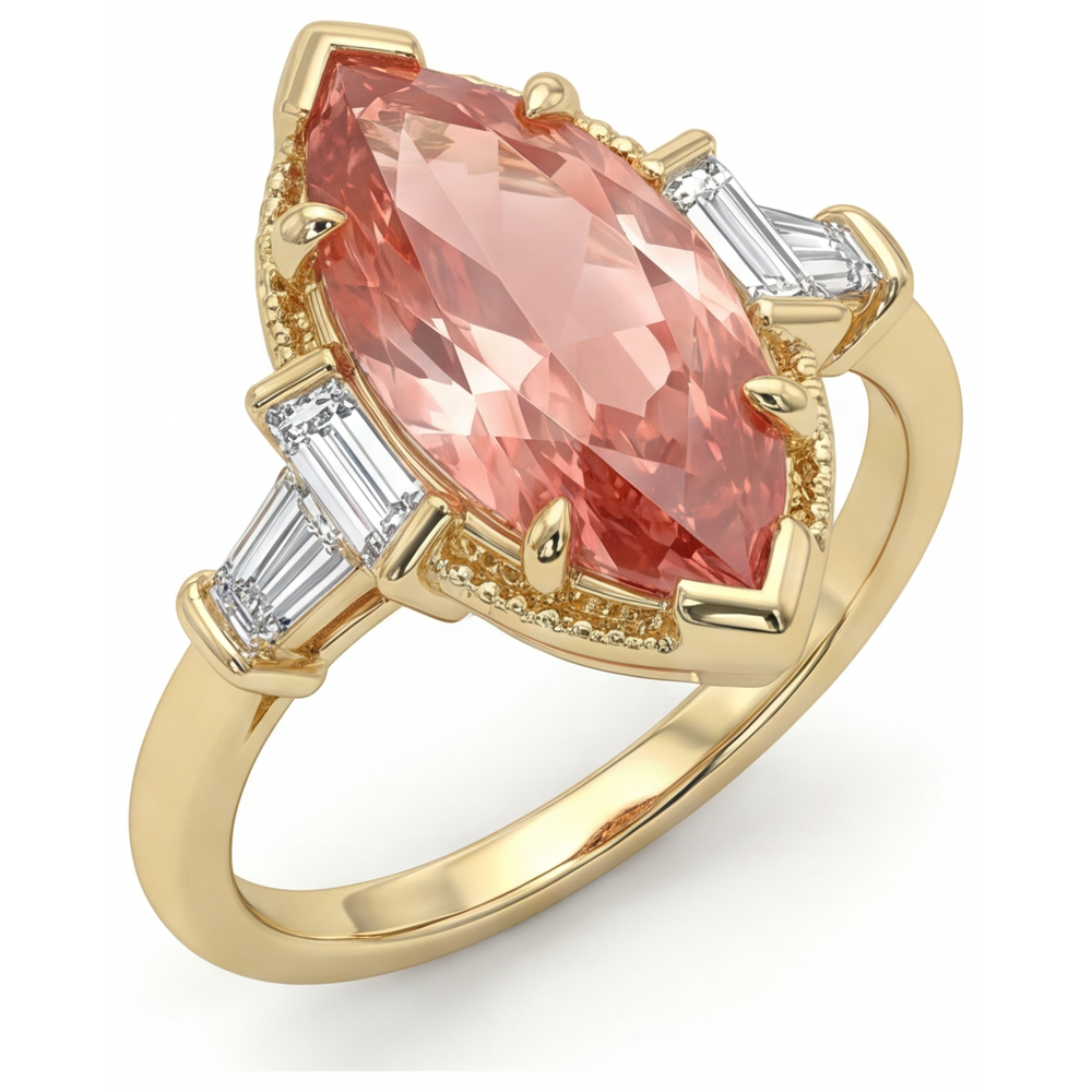 Padparadscha-Saphir-Ring, 4,1 Karat, im Labor gezüchtet, Marquise und weiße Baguette-Steine, Dreistein, schlicht, 14 Karat Gelbgold