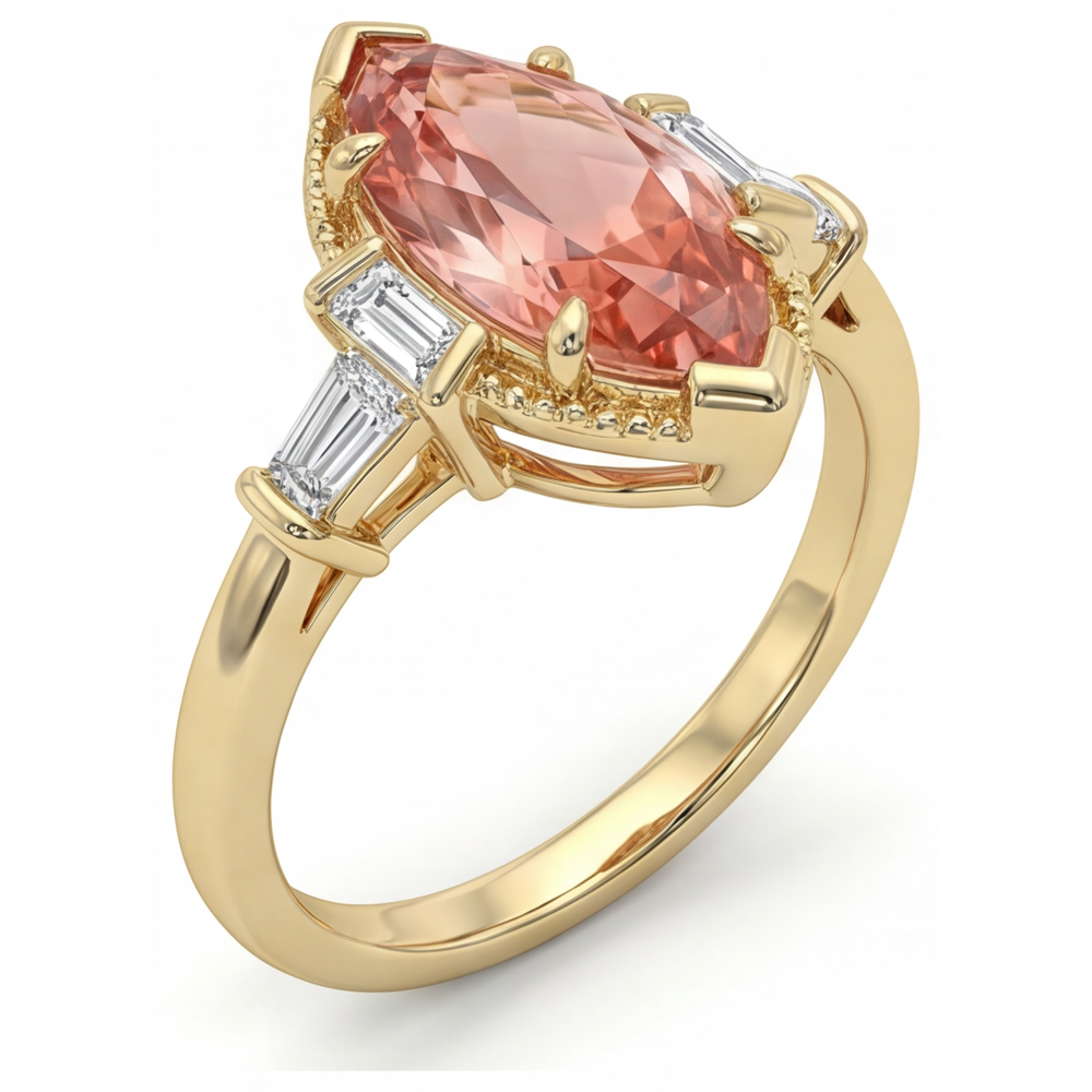 Padparadscha-Saphir-Ring, 4,1 Karat, im Labor gezüchtet, Marquise und weiße Baguette-Steine, Dreistein, schlicht, 14 Karat Gelbgold