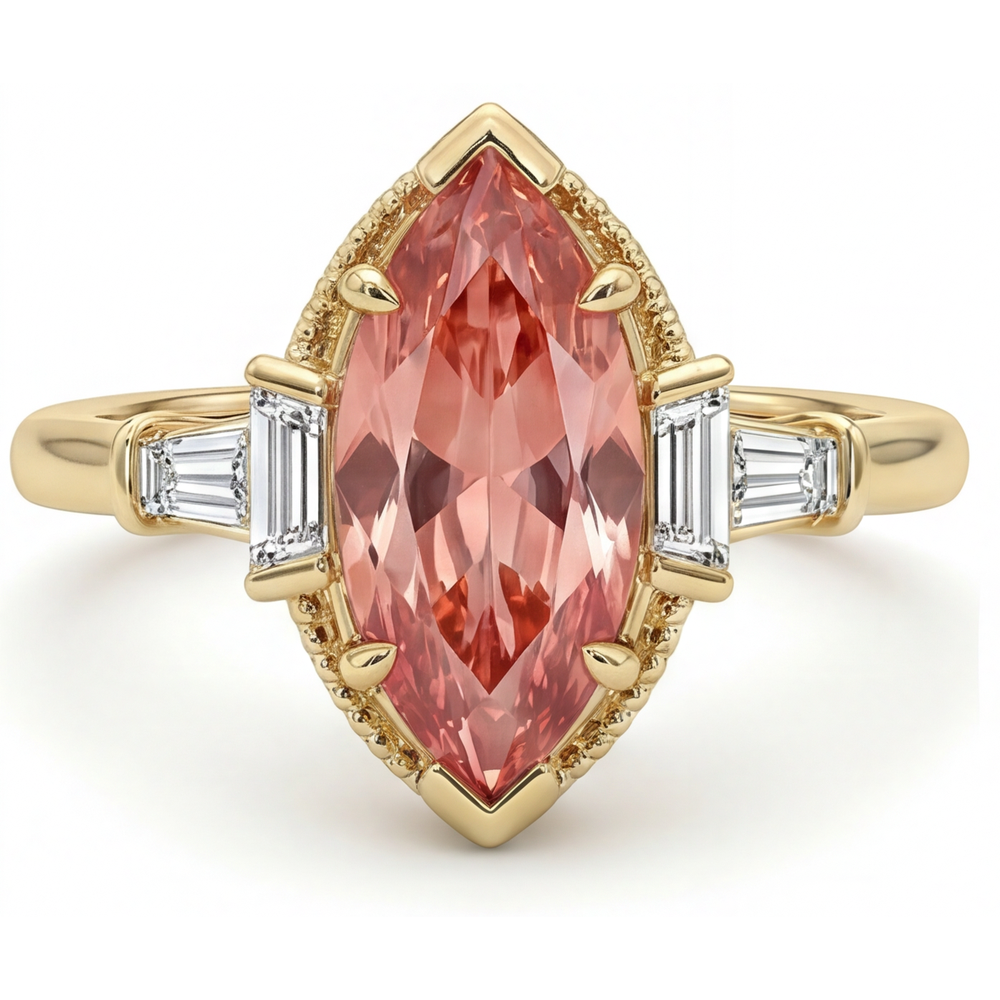 Padparadscha-Saphir-Ring, 4,1 Karat, im Labor gezüchtet, Marquise und weiße Baguette-Steine, Dreistein, schlicht, 14 Karat Gelbgold
