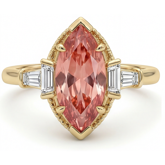 Padparadscha-Saphir-Ring, 4,1 Karat, im Labor gezüchtet, Marquise und weiße Baguette-Steine, Dreistein, schlicht, 14 Karat Gelbgold