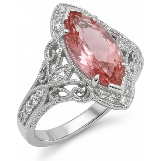 Vintage-Halo-Ring aus 14 Karat Weißgold mit im Labor gezüchtetem Pfirsich-Padparadscha-Saphir im Marquise-Schliff, 3,8 Karat