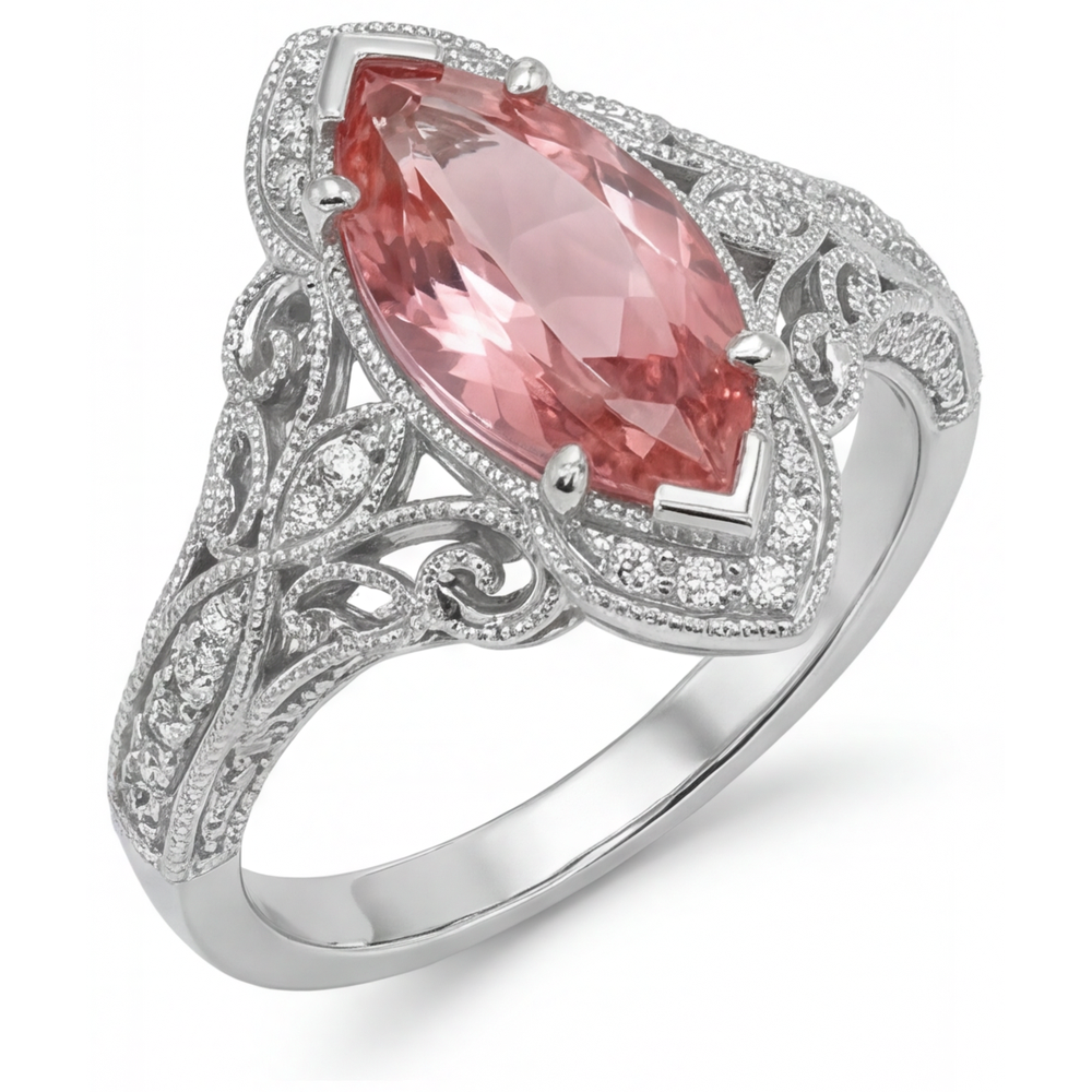 Vintage-Halo-Ring mit 3,8 Karat im Labor gezüchtetem Pfirsich-Padparadscha-Saphir im Marquise-Schliff, 14 Karat Weißgold