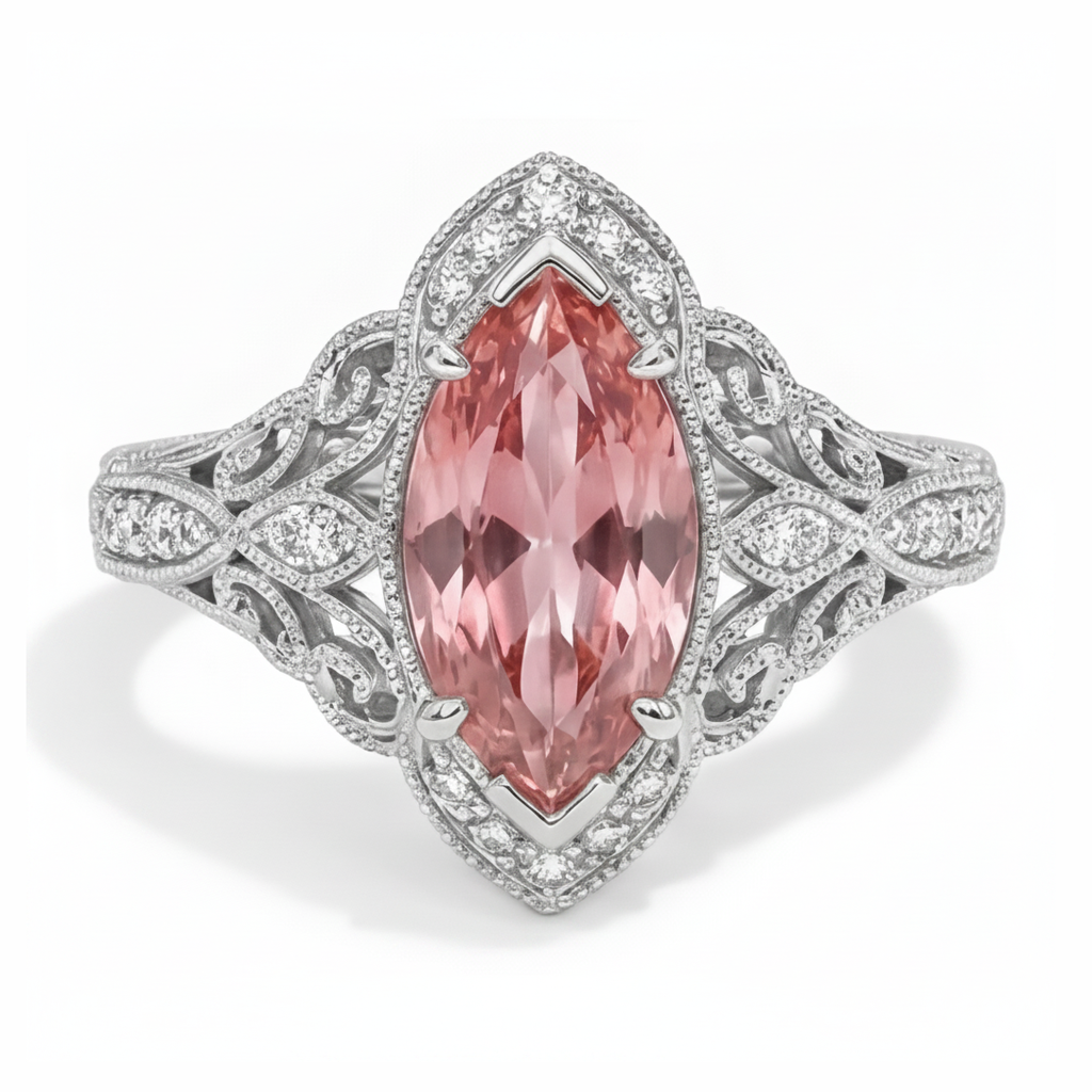 Vintage-Halo-Ring aus 14 Karat Weißgold mit im Labor gezüchtetem Pfirsich-Padparadscha-Saphir im Marquise-Schliff, 3,8 Karat