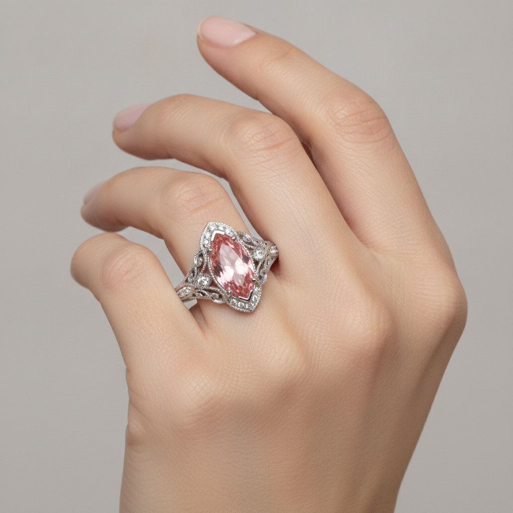 Vintage-Halo-Ring aus 14 Karat Weißgold mit im Labor gezüchtetem Pfirsich-Padparadscha-Saphir im Marquise-Schliff, 3,8 Karat