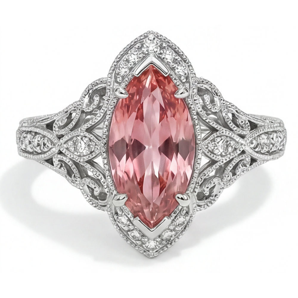 Vintage-Halo-Ring aus 14 Karat Weißgold mit im Labor gezüchtetem Pfirsich-Padparadscha-Saphir im Marquise-Schliff, 3,8 Karat