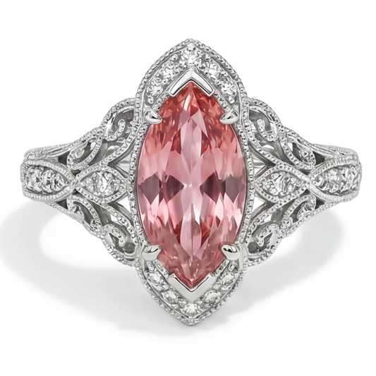 Vintage-Halo-Ring mit 3,8 Karat im Labor gezüchtetem Pfirsich-Padparadscha-Saphir im Marquise-Schliff, 14 Karat Weißgold