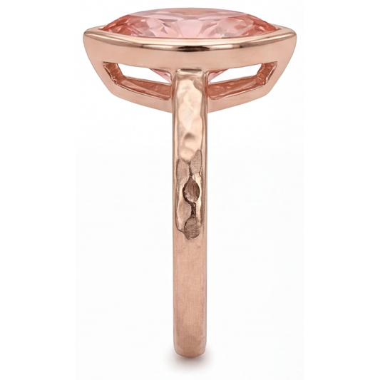 Padparadscha-Saphir-Ring 3,5 Karat, im Labor gezüchtet, Marquise-Schliff, Lünette, Solitär, 14 Karat Roségold