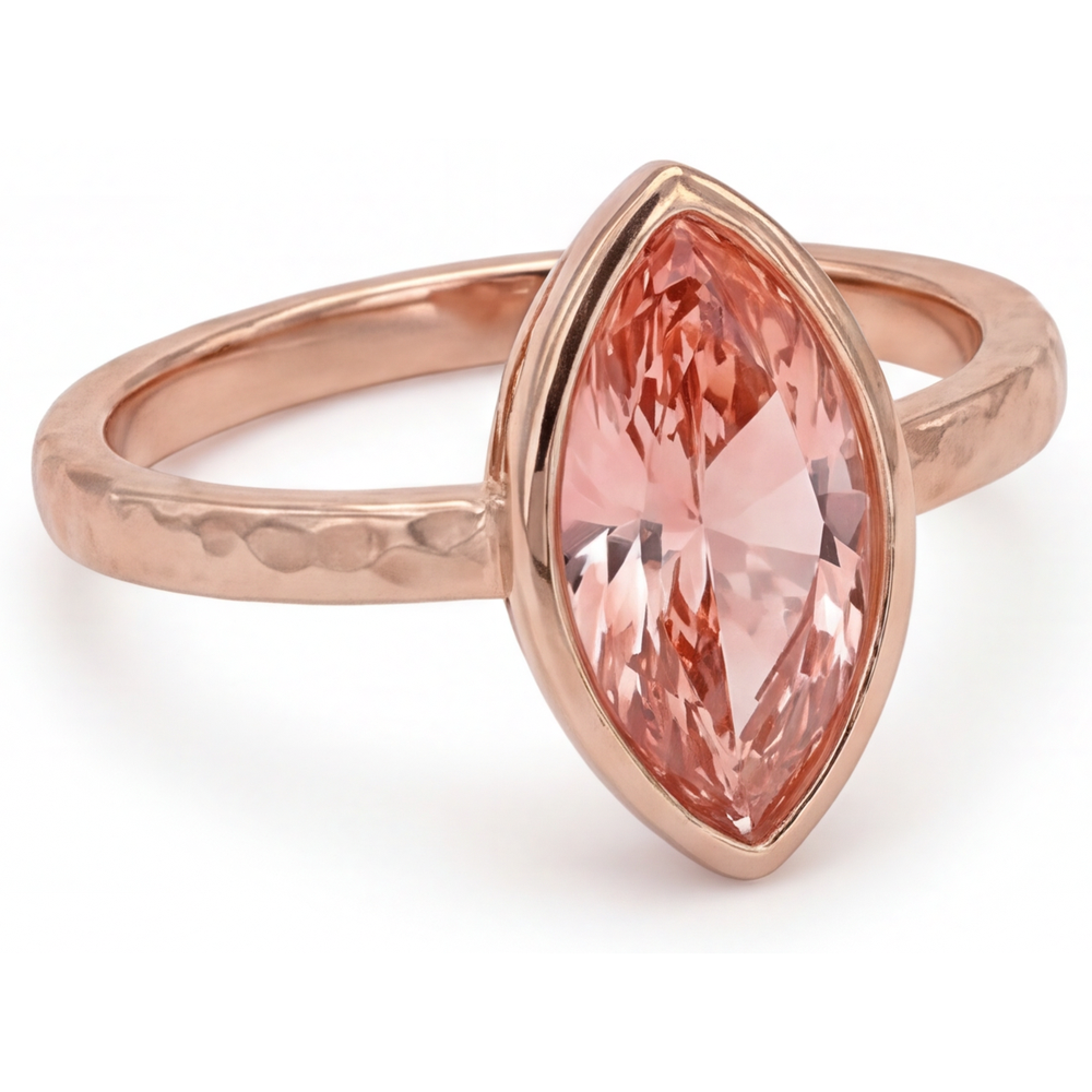 Padparadscha-Saphir-Ring 3,5 Karat, im Labor gezüchtet, Marquise-Schliff, Lünette, Solitär, 14 Karat Roségold