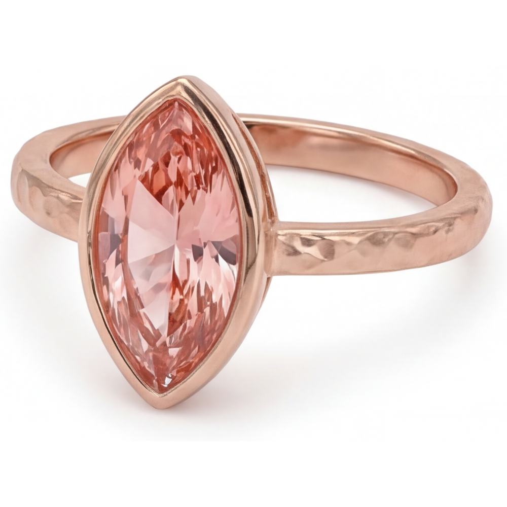 Padparadscha-Saphir-Ring 3,5 Karat, im Labor gezüchtet, Marquise-Schliff, Lünette, Solitär, 14 Karat Roségold