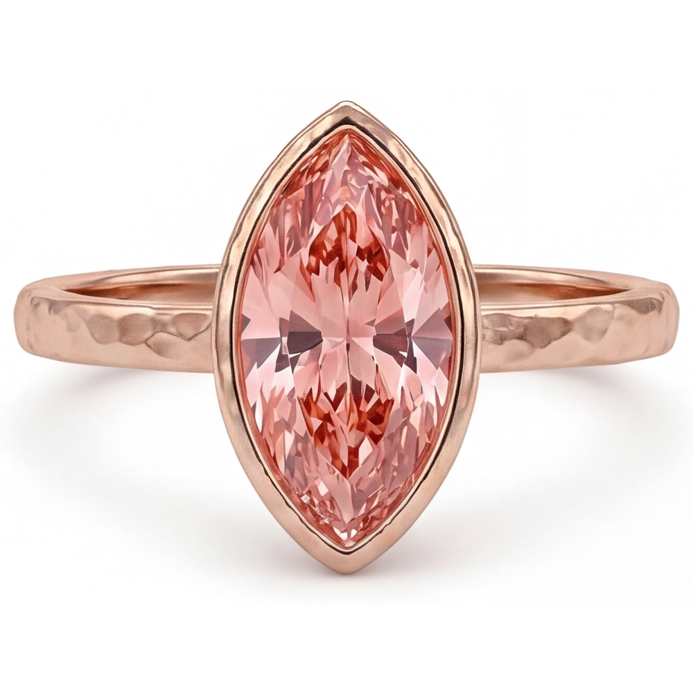 Padparadscha-Saphir-Ring, 3,5 Karat, im Labor gezüchtet, Marquise, Lünette, Solitär, 14 Karat Roségold