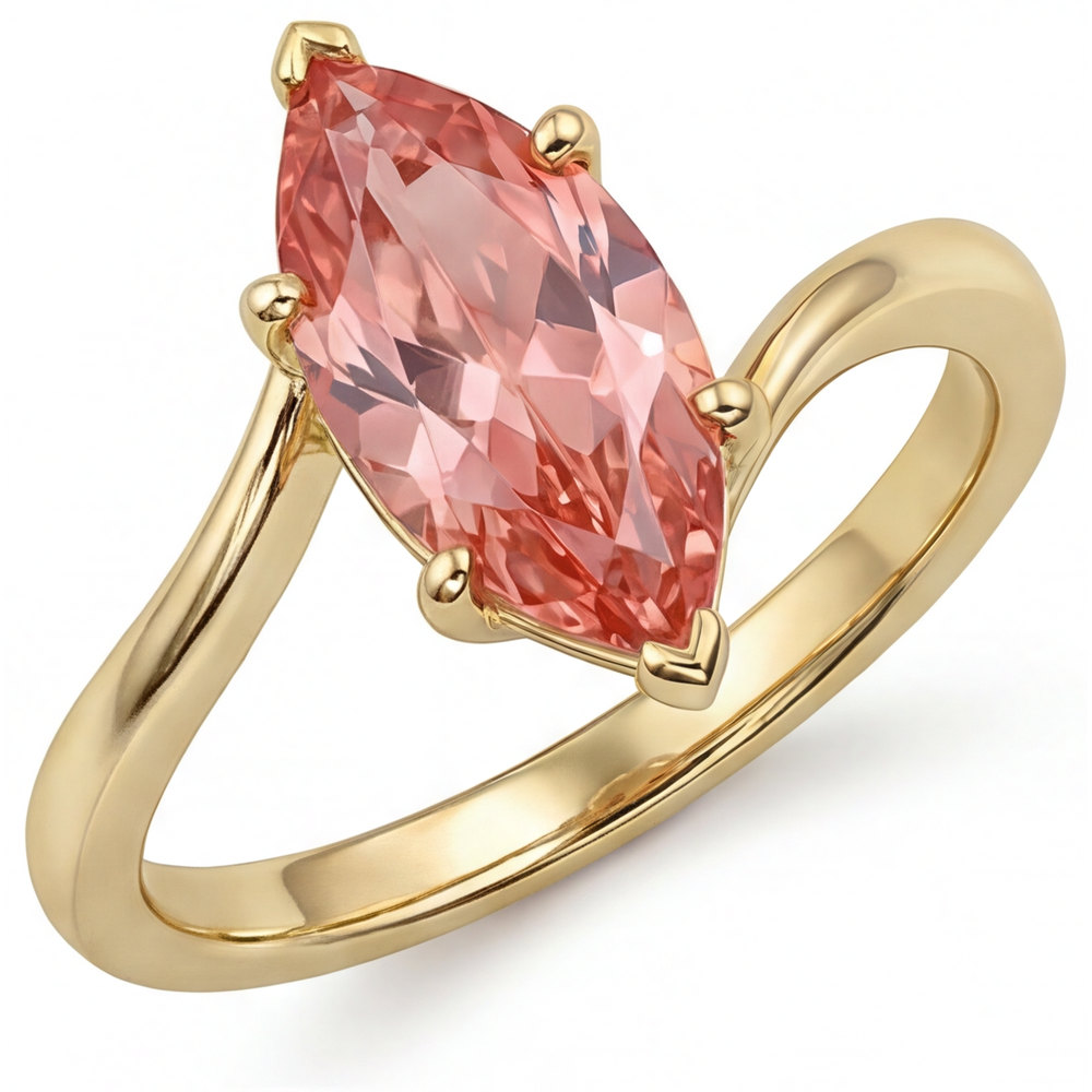 Padparadscha-Saphir-Ring, 3,5 Karat, im Labor gezüchtet, Marquise-Schliff, Bypass-Design, 14 Karat Gelbgold