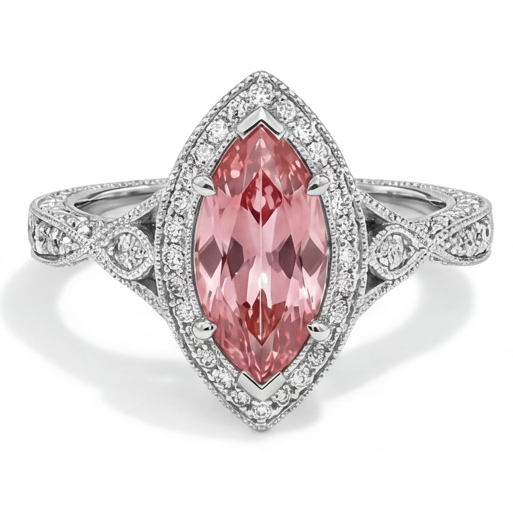 Pfirsich-Saphir-Ring 2,3 Karat Echter Padparadscha im Marquise-Schliff Halo Geteilte Ringschiene 14 Karat Weißgold