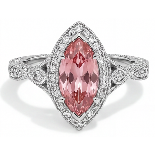 Pfirsich-Saphir-Ring 2,3 Karat Echter Padparadscha im Marquise-Schliff Halo Geteilte Ringschiene 14 Karat Weißgold