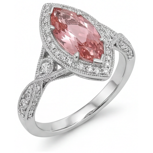 Pfirsich-Saphir-Ring 2,3 Karat Echter Padparadscha im Marquise-Schliff Halo Geteilte Ringschiene 14 Karat Weißgold