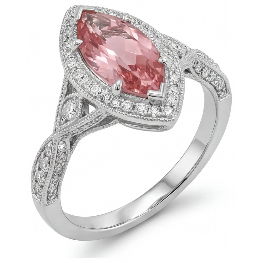 Pfirsich-Saphir-Ring 2,3 Karat Echter Padparadscha im Marquise-Schliff Halo Geteilte Ringschiene 14 Karat Weißgold