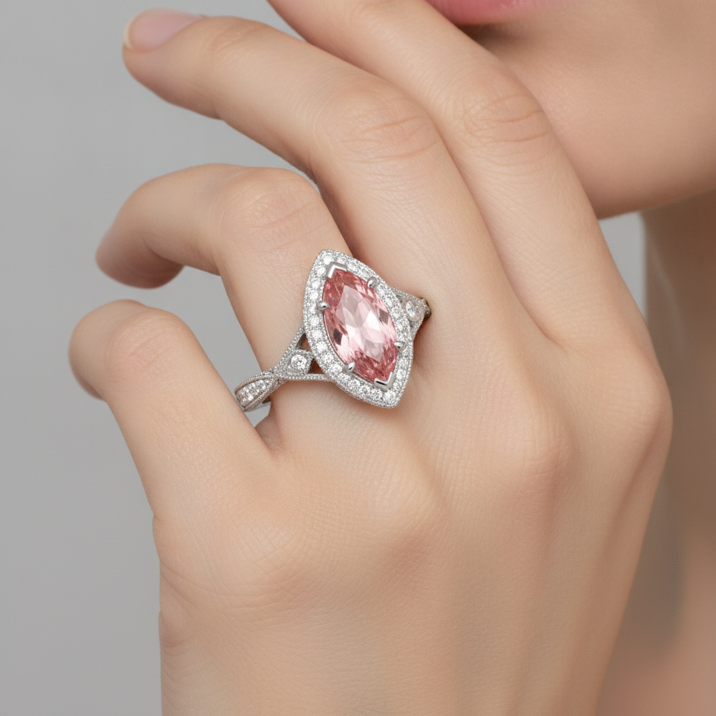 Pfirsich-Saphir-Ring 2,3 Karat Echter Padparadscha im Marquise-Schliff Halo Geteilte Ringschiene 14 Karat Weißgold