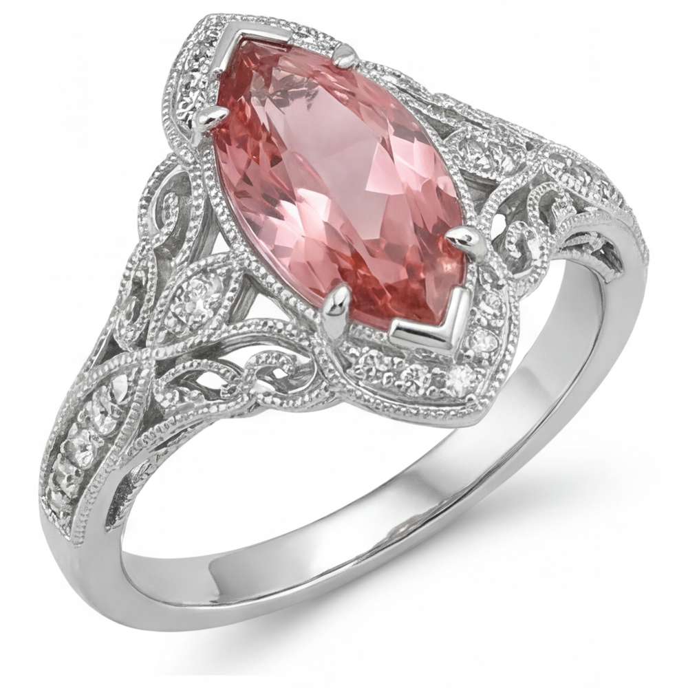 Echter pfirsichfarbener Padparadscha-Saphir 2,3 Karat Halo-Ring im Marquise-Schliff mit geteilter Ringschiene aus 14 Karat Weißgold