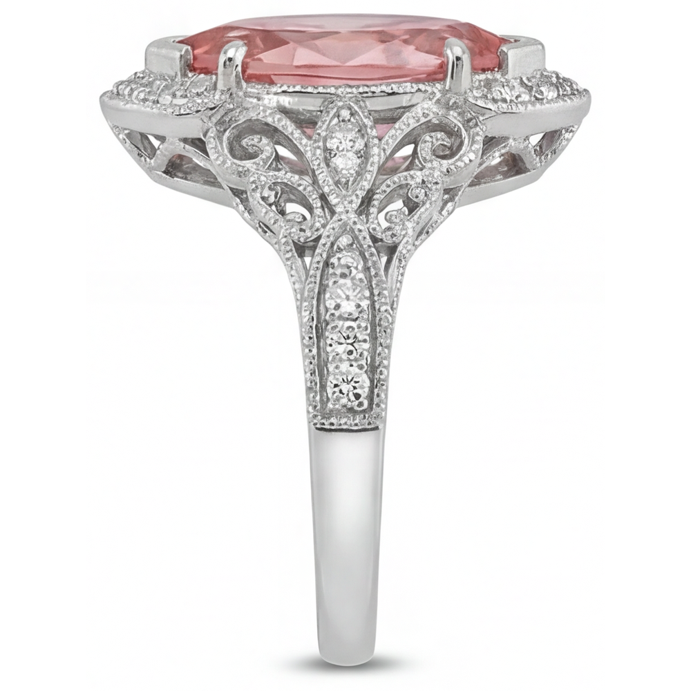 Echter pfirsichfarbener Padparadscha-Saphir 2,3 Karat Halo-Ring im Marquise-Schliff mit geteilter Ringschiene aus 14 Karat Weißgold