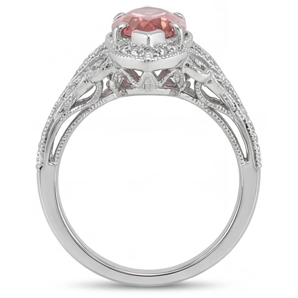 Echter pfirsichfarbener Padparadscha-Saphir 2,3 Karat Halo-Ring im Marquise-Schliff mit geteilter Ringschiene aus 14 Karat Weißgold