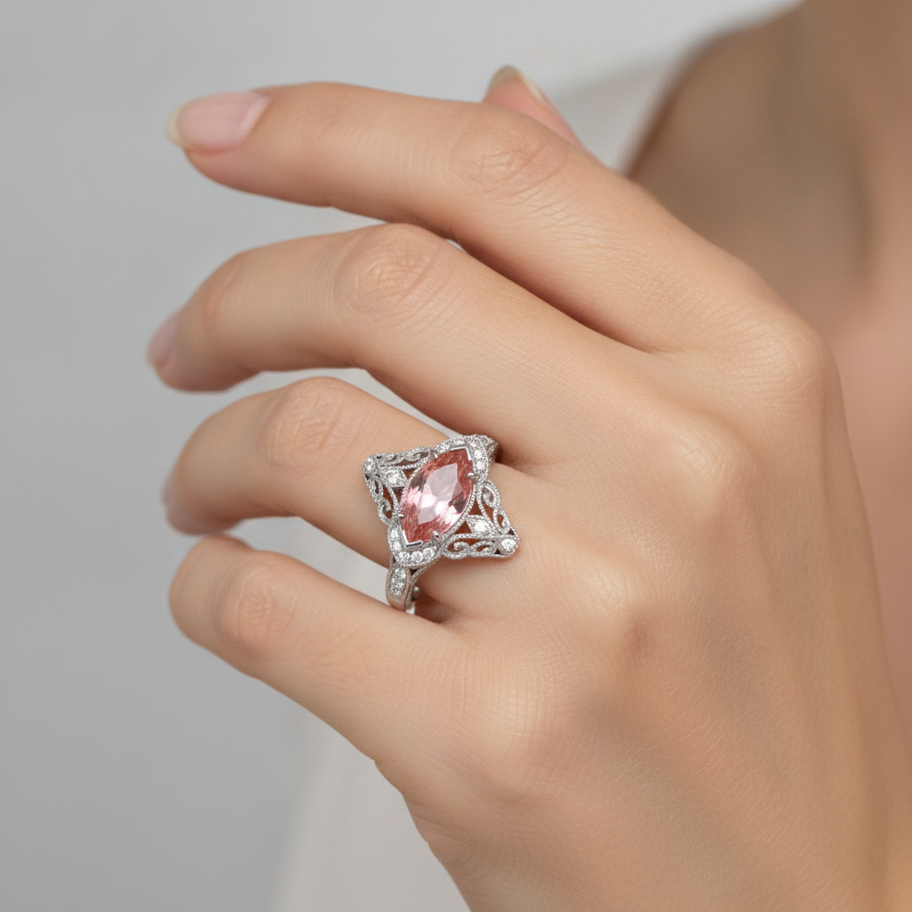 Echter pfirsichfarbener Padparadscha-Saphir Halo-Ring 2,3 Karat im Marquise-Schliff mit geteilter Ringschiene, 14 Karat Weißgold