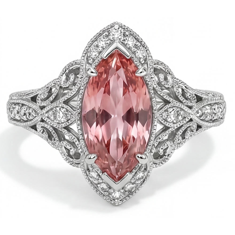 Echter pfirsichfarbener Padparadscha-Saphir Halo-Ring 2,3 Karat im Marquise-Schliff mit geteilter Ringschiene, 14 Karat Weißgold