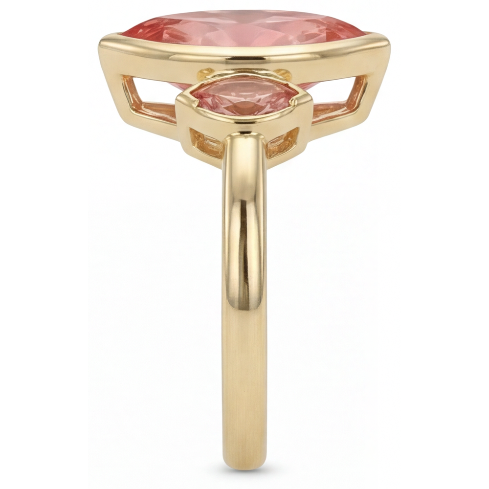 Verlobungsring mit echtem Pfirsich-Padparadscha-Saphir im Marquise-Schliff, 3 Karat, Lünette, drei Steine, 14 Karat Gelbgold
