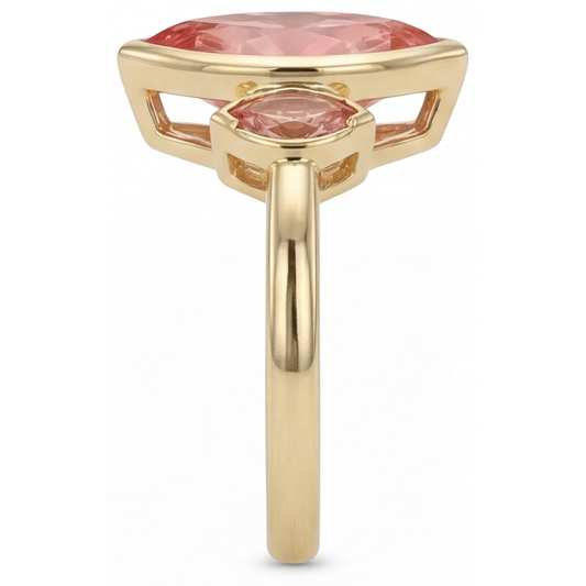 Verlobungsring mit echtem Pfirsich-Padparadscha-Saphir im Marquise-Schliff, 3 Karat, Lünette, drei Steine, 14 Karat Gelbgold