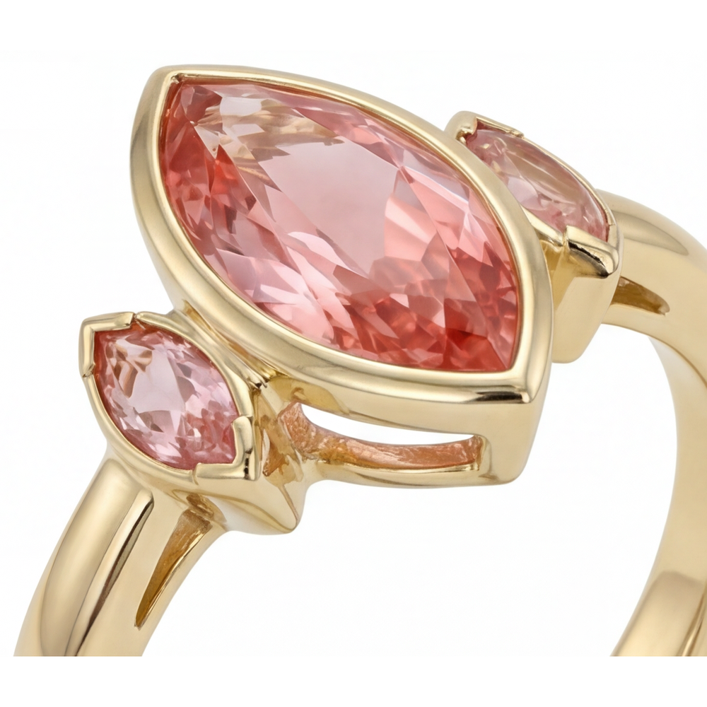Verlobungsring mit echtem Pfirsich-Padparadscha-Saphir im Marquise-Schliff, 3 Karat, Lünette, drei Steine, 14 Karat Gelbgold