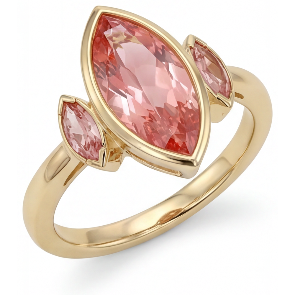 Verlobungsring mit echtem Pfirsich-Padparadscha-Saphir im Marquise-Schliff, 3 Karat, Lünette, drei Steine, 14 Karat Gelbgold