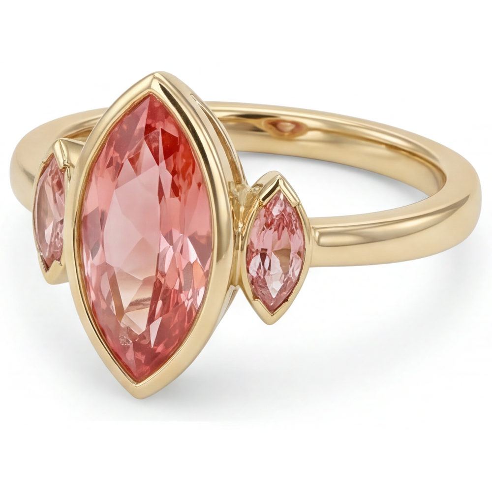 Verlobungsring mit echtem Pfirsich-Padparadscha-Saphir im Marquise-Schliff, 3 Karat, Lünette, drei Steine, 14 Karat Gelbgold