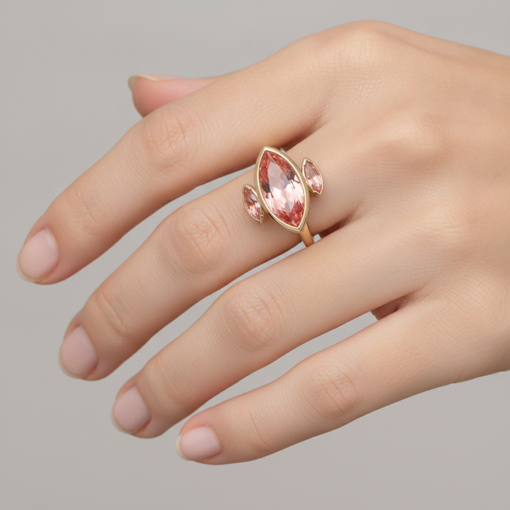 Verlobungsring mit echtem Pfirsich-Padparadscha-Saphir im Marquise-Schliff, 3 Karat, Lünette, drei Steine, 14 Karat Gelbgold