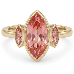 Verlobungsring mit echtem Pfirsich-Padparadscha-Saphir im Marquise-Schliff, 3 Karat, Lünette, drei Steine, 14 Karat Gelbgold