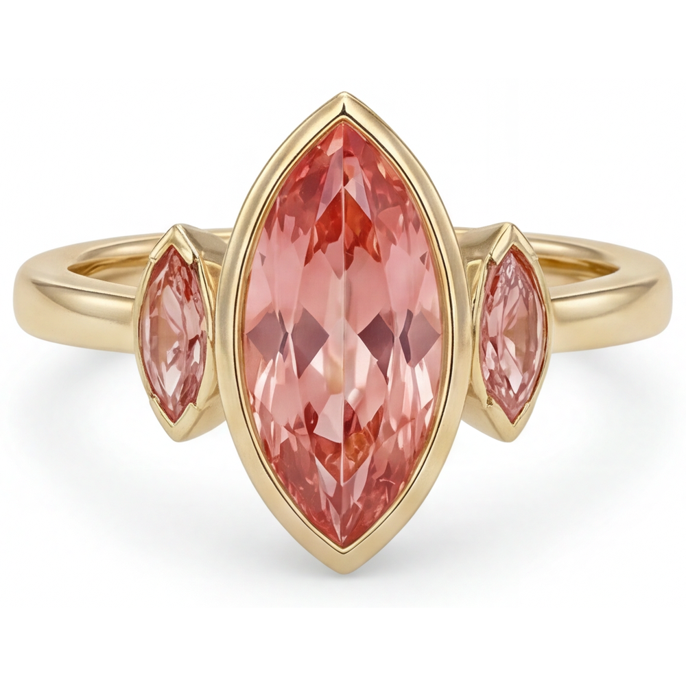 Verlobungsring mit echtem Pfirsich-Padparadscha-Saphir im Marquise-Schliff, 3 Karat, Lünette, drei Steine, 14 Karat Gelbgold