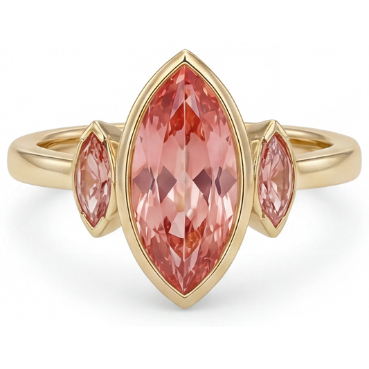 Verlobungsring mit echtem Pfirsich-Padparadscha-Saphir im Marquise-Schliff, 3 Karat, Lünette, drei Steine, 14 Karat Gelbgold