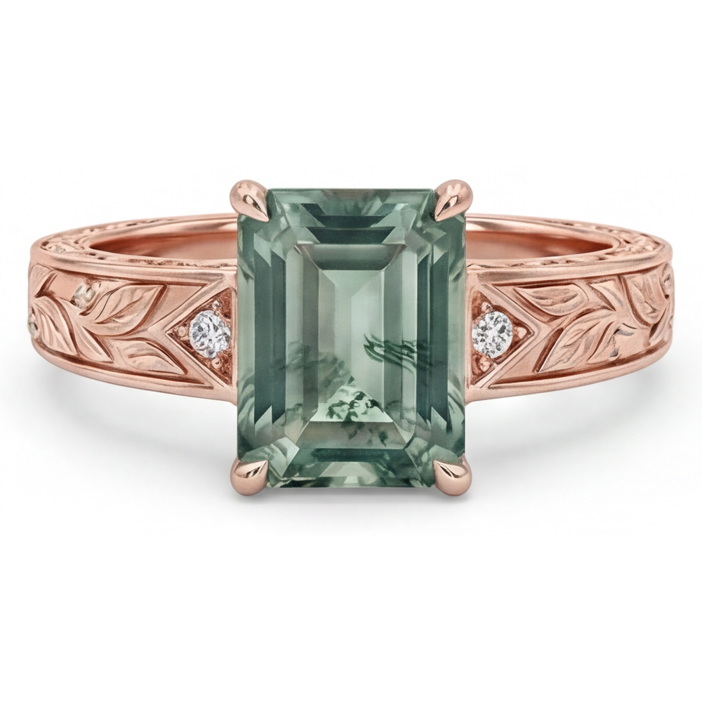 Authentischer Moss Agate Edelstein-Ring 2 Karat 14K Roségold – Hauptansicht