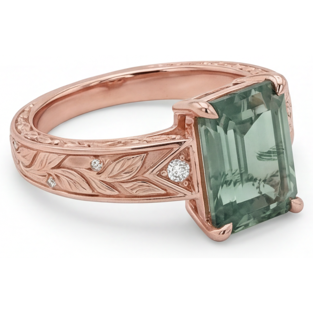 Moss Agate Treppen-Schliff Edelstein-Ring in 14K Roségold – Seitenansicht