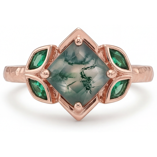 Moss Agate Prinzess Edelstein-Ring in 14K Roségold – Frontansicht