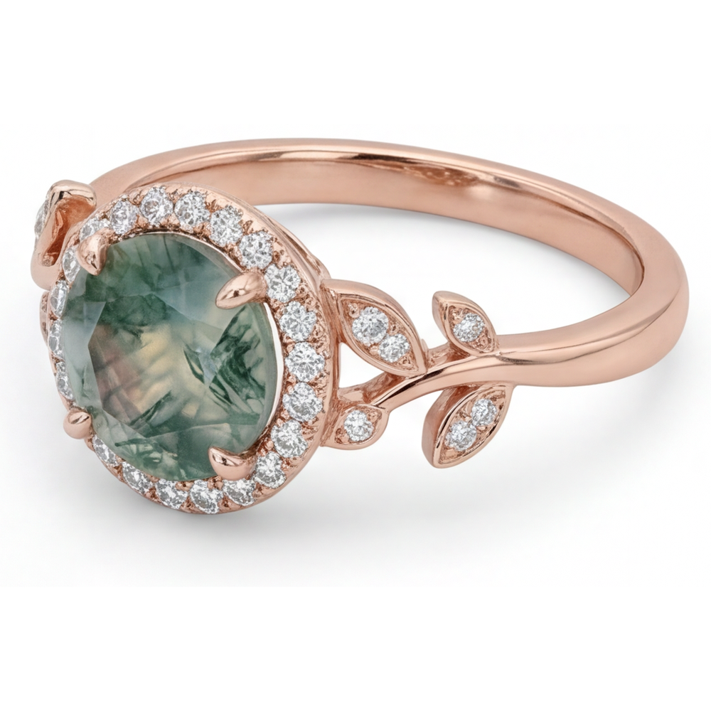Farbstein-Ring 14K Roségold mit Moss Agate – Schrägansicht