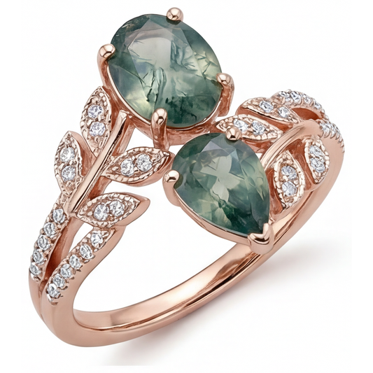 Farbstein-Ring 14K Roségold mit Moss Agate – Frontansicht