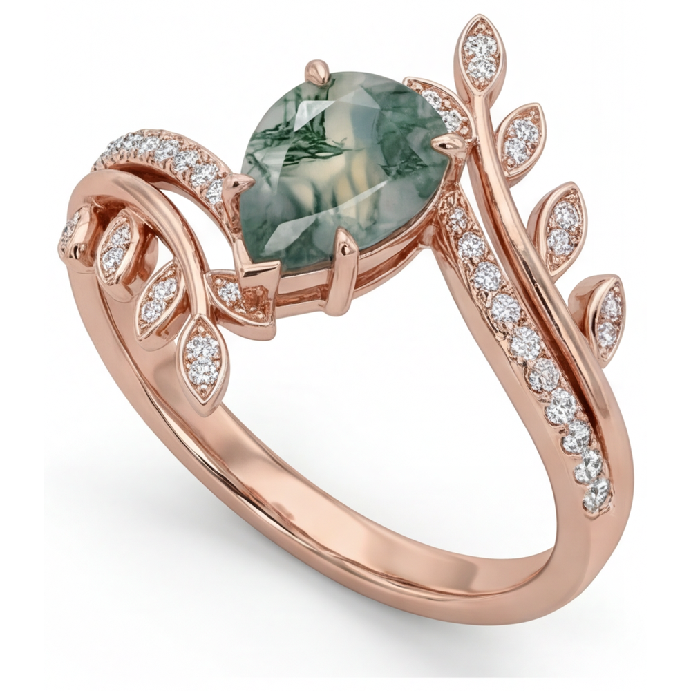 Tropfen-Schliff Moss Agate Ring in 14K Roségold – Frontansicht