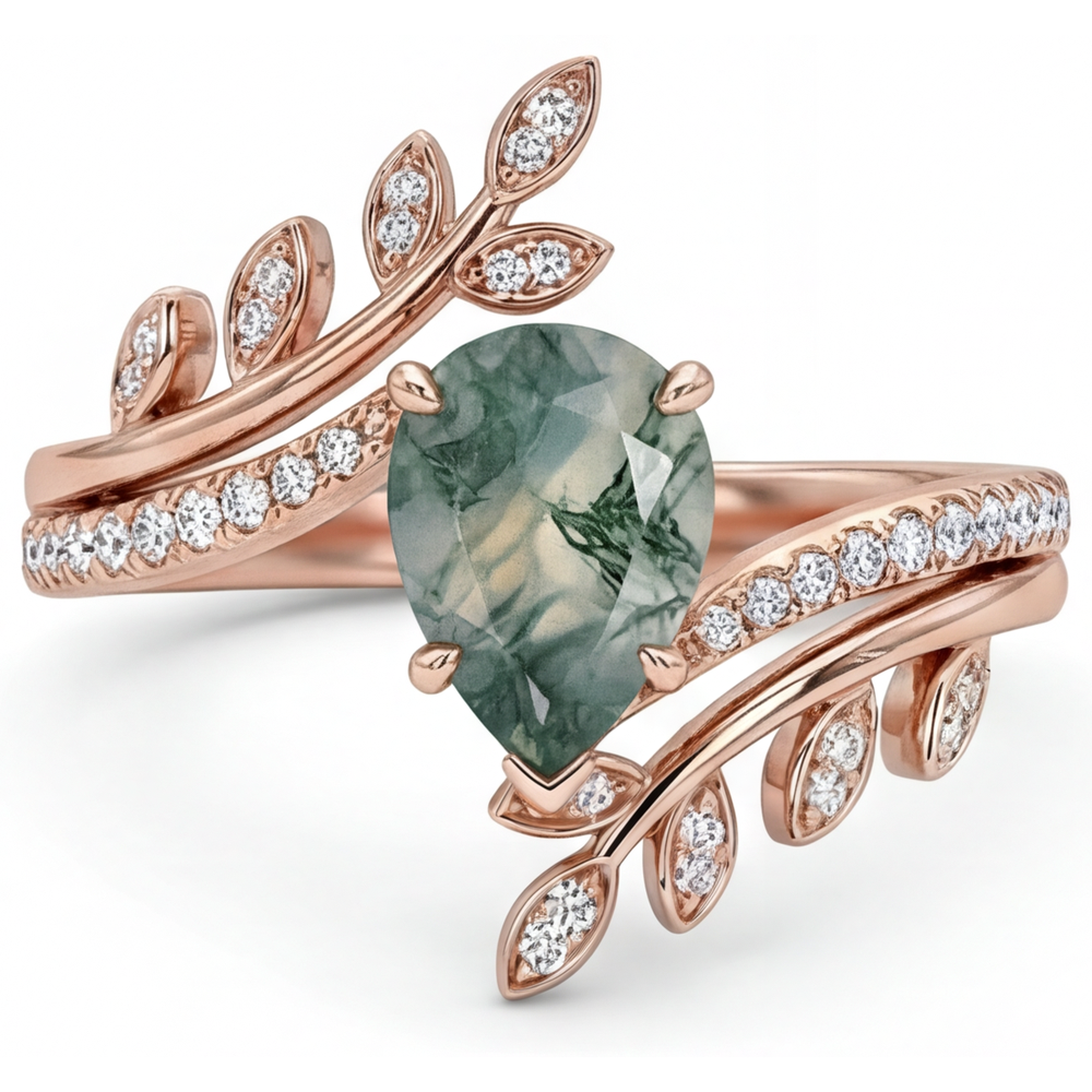 Moss Agate Tropfen-Schliff Schmuckstein-Ring in 14K Roségold – Seitenansicht