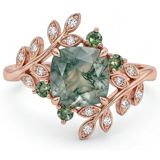 Moss Agate Schmuckstein-Ring 3,0-Karat 14K Roségold – Frontansicht